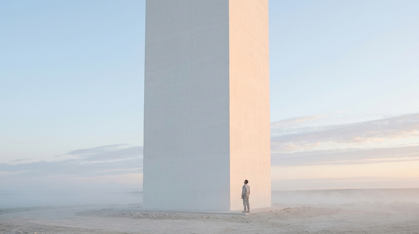A lone figure at the base of a vast structure at dawn