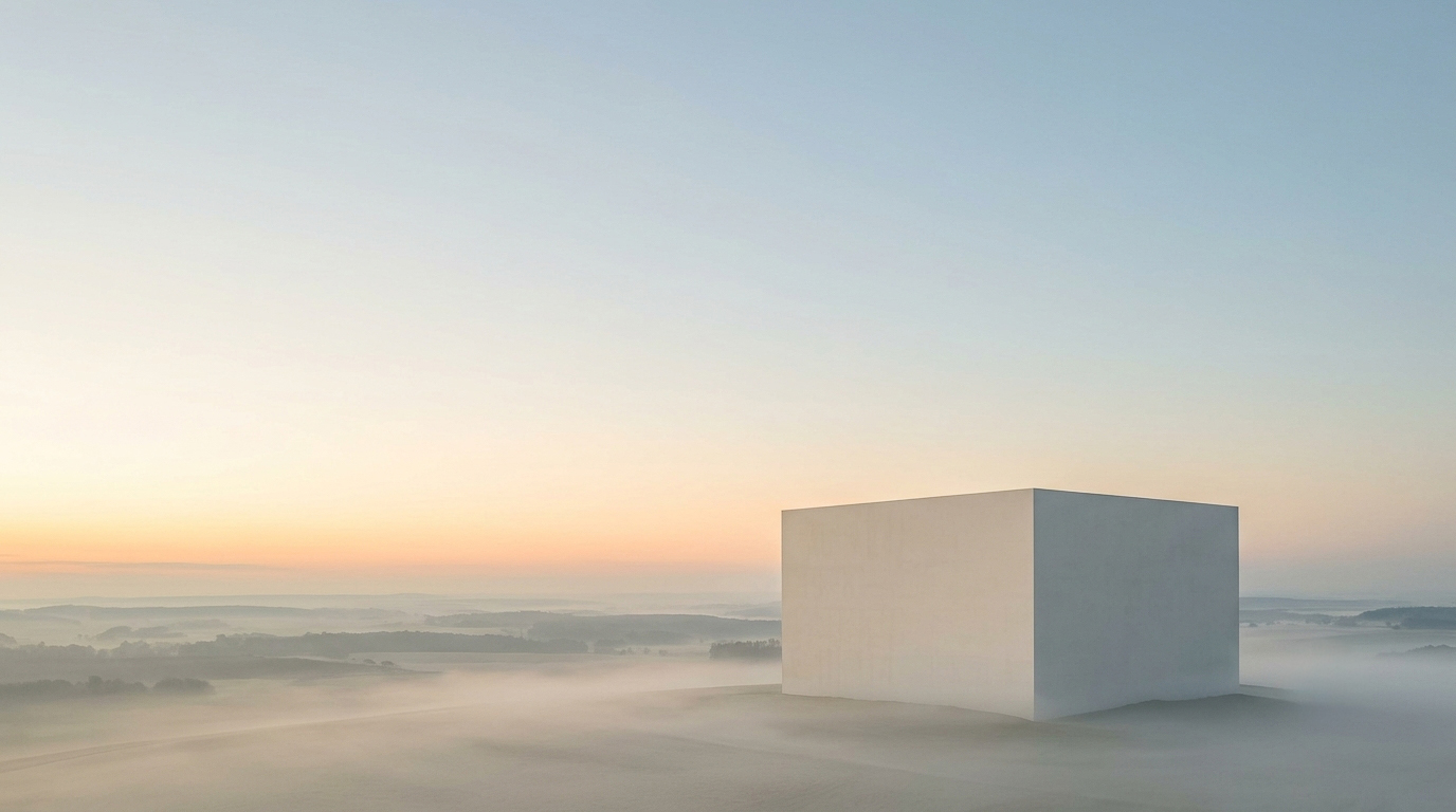 A geometric form resting in a vast pale landscape at first light