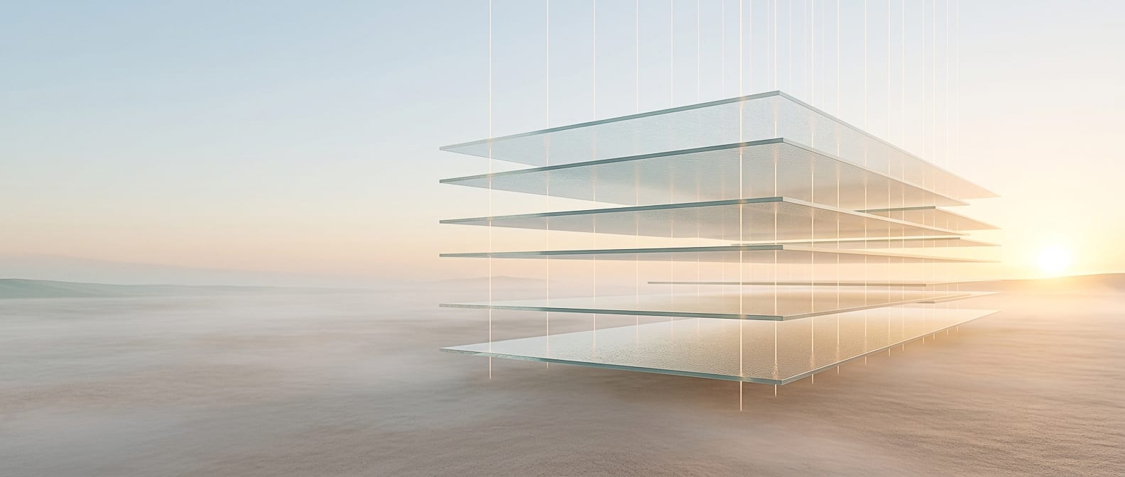 Layered glass planes suspended on fine tethers above still water at dawn, each one resting level with the next