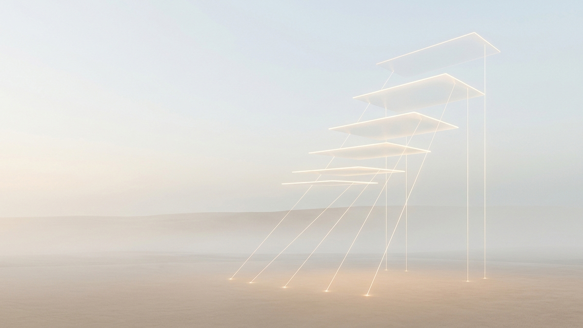 Luminous horizontal planes tethered to the ground by fine lines of light
