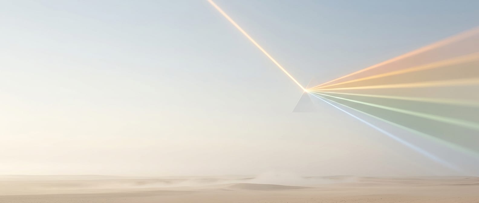 A prism refracting low dawn light into a gentle spread of honey and apricot