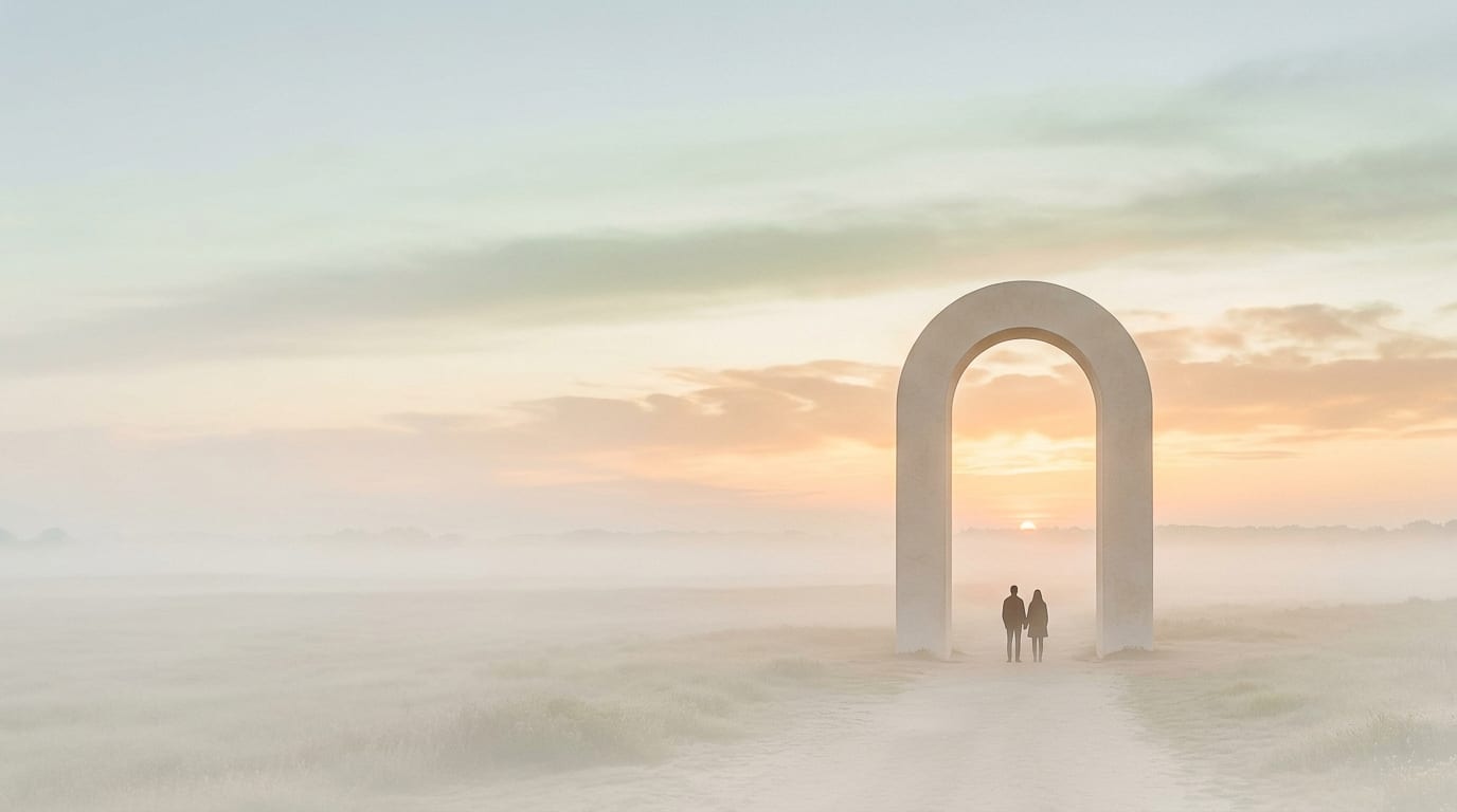 Two small figures at the base of an archway, looking forward together