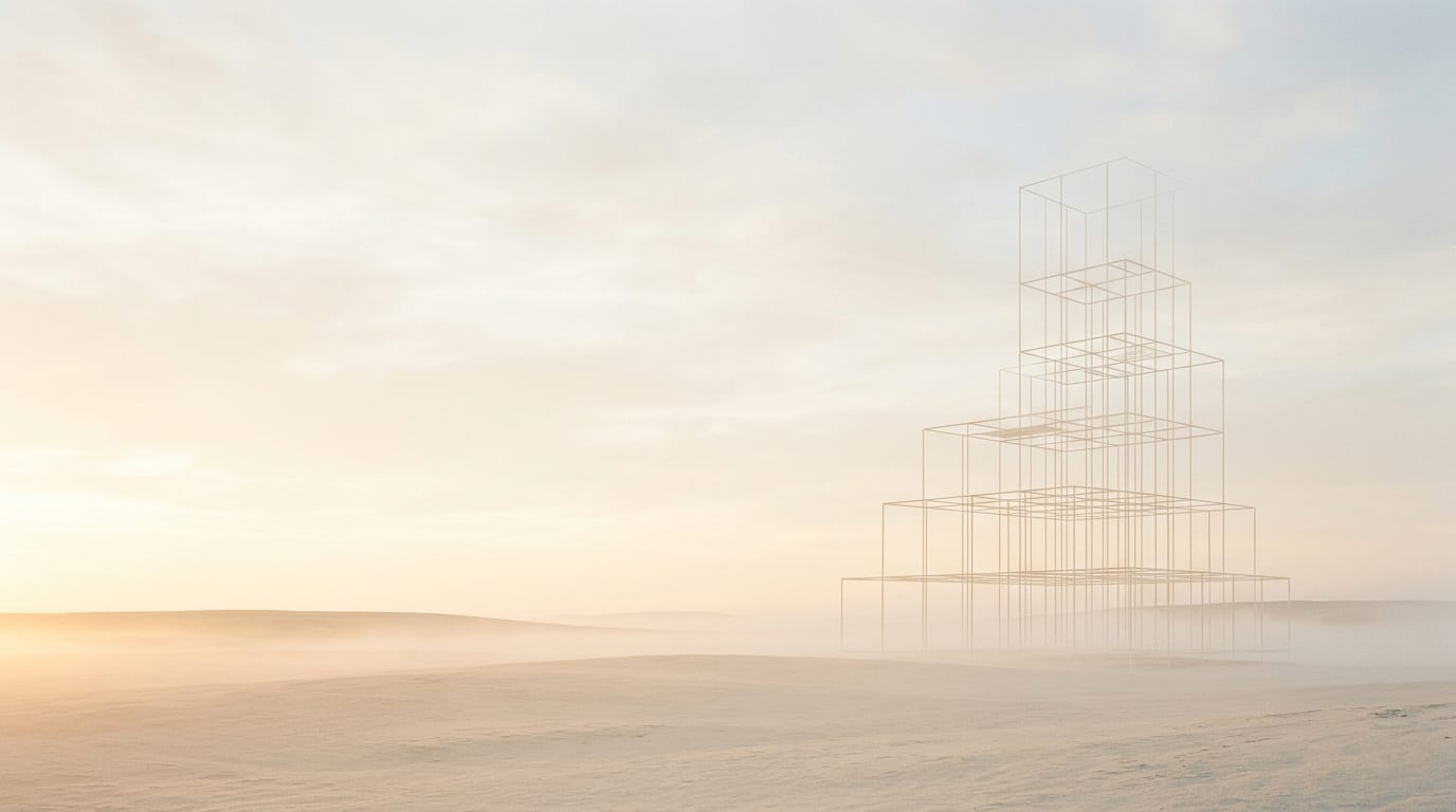 A tiered wireframe scaffold standing in dawn mist, its structure drawn but not yet filled in